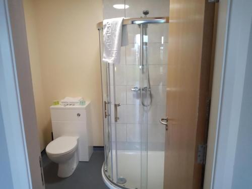 a bathroom with a shower and a toilet at Standing Stones Lodge in Belfast