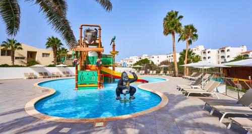a dog standing in a pool at a resort at Globales Cala'n Bosch in Cala'n Bosch