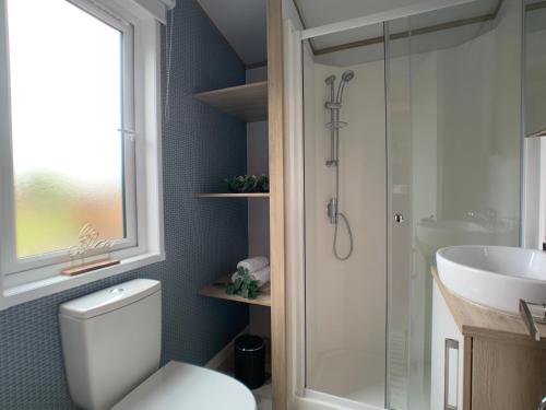 a bathroom with a shower and a toilet and a sink at Coniston View 7 in Warton