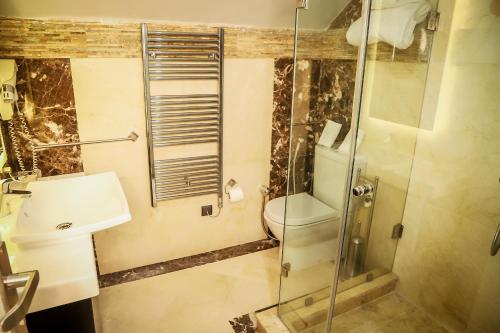 a bathroom with a toilet and a glass shower at Hotel Perce Neige in Ifrane