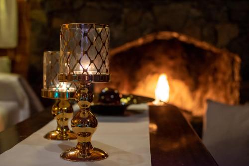 two gold vases sitting on a table with a fireplace at Dryades Suites in Synikia Mesi Trikalon