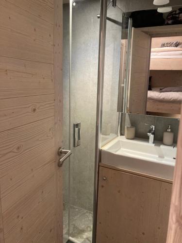 a bathroom with a sink and a glass shower door at Douglas - Appartement au cœur du Jardin Alpin in Courchevel