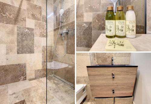 Trois photos d'une salle de bains avec douche et bouteilles de vin dans l'établissement Nestor&Jeeves - CACTUS RIVIERA - Hyper center - Very close sea and Place Massena, à Nice