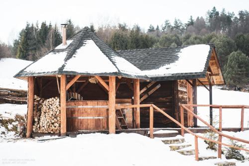 a log cabin with a snow covered roof at Chata Kukuryku in Baligród