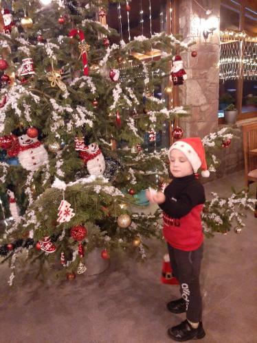 a young child standing in front of a christmas tree at VILA DISHA in Tirana