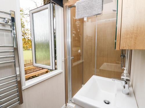 a bathroom with a sink and a window at Oak Tree View in Rhayader