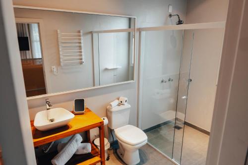 a bathroom with a toilet and a sink and a shower at LOTE20 Hotel Boutique in Bento Gonçalves