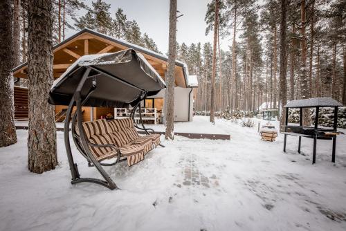 a couple of chairs in the snow in front of a cabin at Valsid puhkemaja in Alajõe