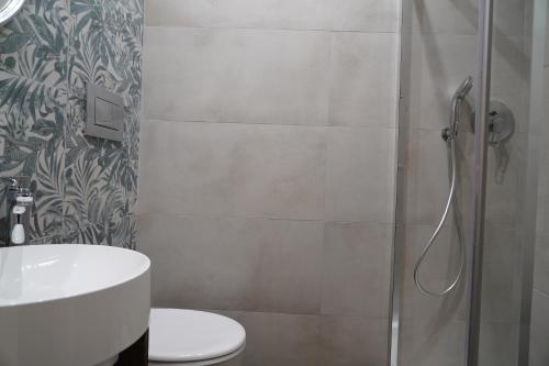 a bathroom with a shower and a toilet and a sink at DS Apartment in Catania