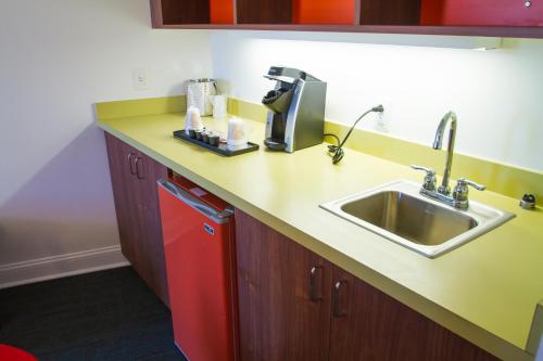 a kitchen with a sink and a counter top with a sink at Mother Earth Motor Lodge in Kinston