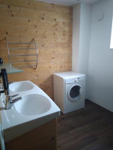 a bathroom with a washing machine and a sink at Appartement Schmittenblick in Zell am See