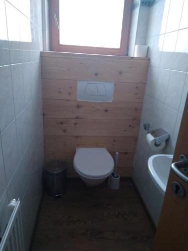 a small bathroom with a toilet and a window at Appartement Schmittenblick in Zell am See