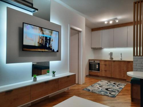 eine Küche mit einem Flachbild-TV an der Wand in der Unterkunft Apartman Matija in Pale