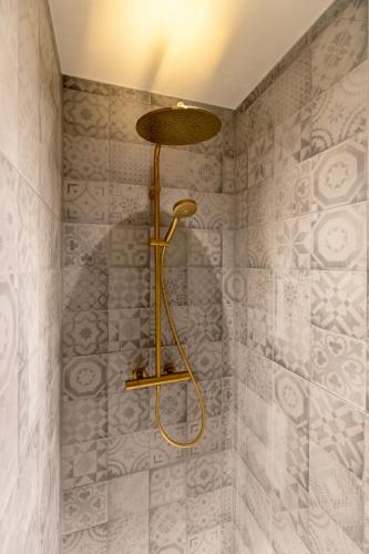 a shower with a gold shower head in a bathroom at GUILLEMINS STATION FLATS in Liège