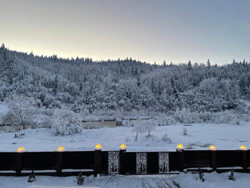 a view of a snowy field with trees in the background at Mountain Residence in Tukhlya