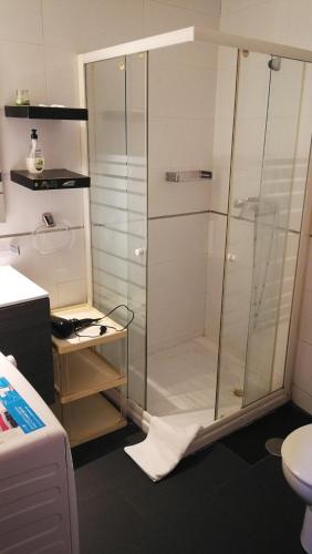um chuveiro com uma porta de vidro na casa de banho em Centric 1ºD em Madri