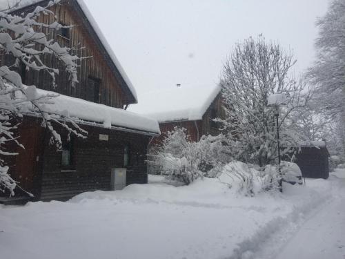 a house covered in snow in front of a building at Alpenferienhaus Sophia in Sankt Lorenzen ob Murau