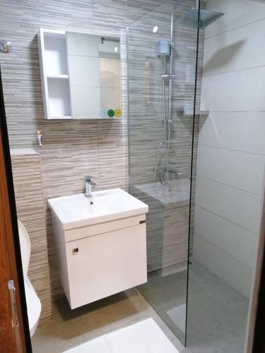 a bathroom with a sink and a shower at Guest House Villa Rankovic in Brzeće