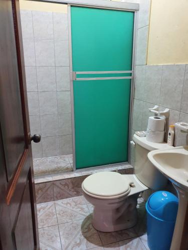 baño con aseo y puerta de ducha verde en Departamento Familiar en Santa Cruz, en Puerto Ayora