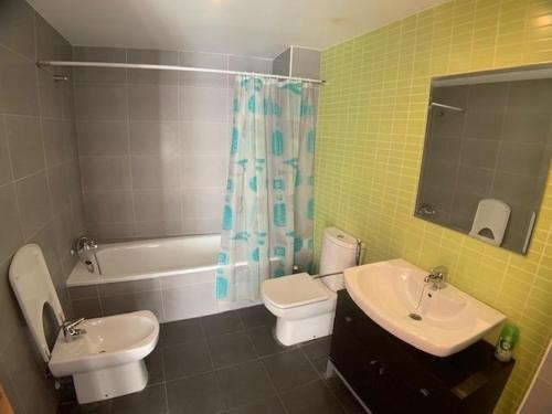 a bathroom with a sink and a toilet and a bath tub at VUT SEGEDA Valle del Manubles in Calatayud