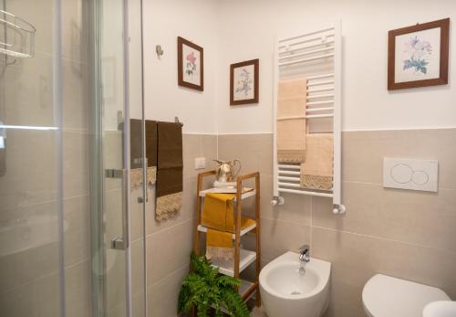 a bathroom with a toilet and a sink and a shower at Brunelli Appartamenti in Assisi