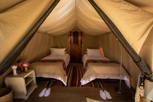 a bedroom with two beds in a tent at Glamping Chaska Ocupi in Urubamba