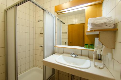 y baño con lavabo, ducha y espejo. en Goldenes Schiff Hotel-Mietparkplätze, en Engelhartszell