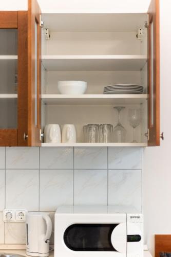 a kitchen with a microwave and dishes on shelves at Budapest Panorama Central in Budapest