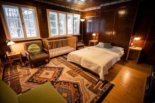 a bedroom with a bed and a chair and a rug at Rakouská vila in Bělá pod Pradědem