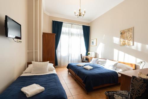 a hotel room with two beds and a television at Budapest Panorama Central in Budapest