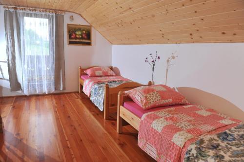 a bedroom with two beds and a window at Vineyard Cottage Keglic in Šmarje pri Jelšah