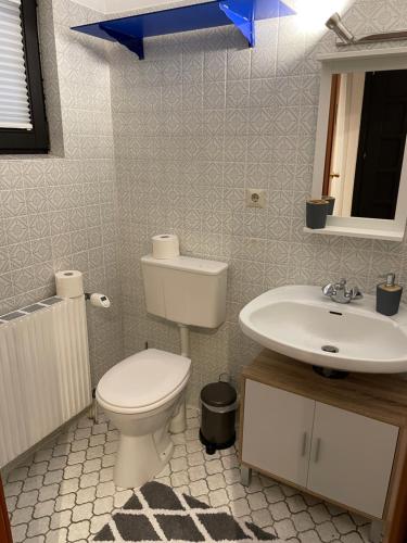 a bathroom with a toilet and a sink at Schöne Unterkunft mit kostenlosen Parkplatz. in Buchholz in der Nordheide