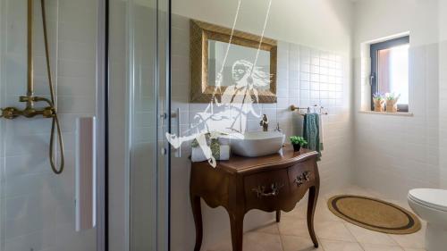 a bathroom with a sink and a shower at Chalé Davim com piscina -Tranquilidade e conforto in Louriçal