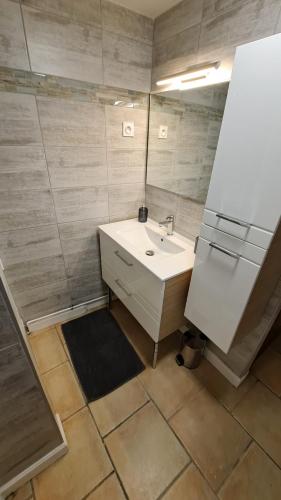 une salle de bain avec un lavabo et un miroir dans l'établissement Agreable et moderne appartement Toul centre, à Toul