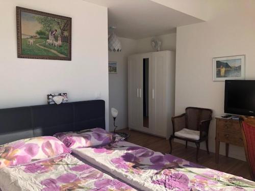 a bedroom with a bed and a chair and a television at La Maison des Copains in Blonay