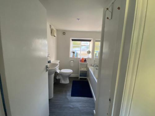 a white bathroom with a toilet and a sink at Honeysuckle Cottage in Dorchester