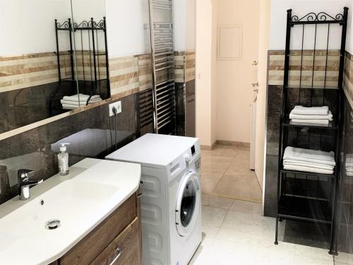 een badkamer met een wasmachine en een wastafel bij Work & Stay Troisdorf in Troisdorf