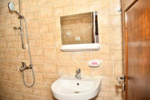 a bathroom with a sink and a shower with a mirror at Om-Abdallah in Aswan