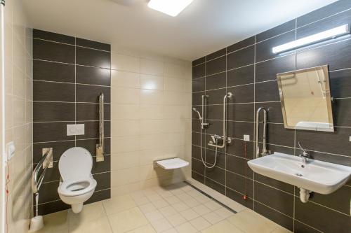 a bathroom with a toilet and a sink and a mirror at Hotel Garni VŠB TUO in Ostrava