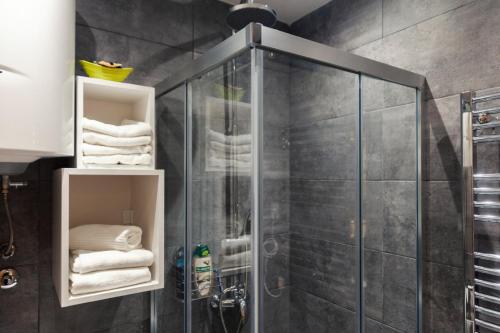 a shower with a glass door in a bathroom at Per silvas apartman i spa in Zlatibor