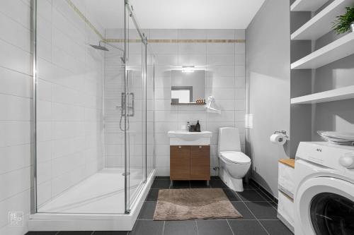 a bathroom with a shower and a toilet and a sink at Kaunas Old Town apartment with underground parking in Kaunas