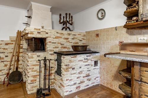 a kitchen with a stone fireplace in a room at Emerald House in Mykulychyn