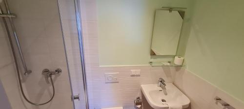a bathroom with a shower and a sink at Pension am Stern in Leipzig
