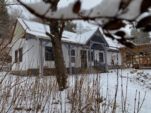 una casa blanca con nieve en el suelo en Slowlife Mátra, en Mátraszentistván