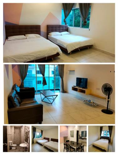 two pictures of a bedroom with a bed and a living room at Cameron Homestay in Tanah Rata