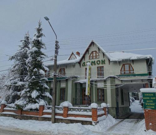 a building with a snow covered tree in front of it at Lemon in Drogobych