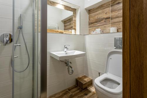 a bathroom with a toilet and a sink and a shower at Penzion U Vlka in České Budějovice