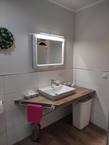 un bagno con lavandino e specchio di Ferienwohnung Zur Mühle a Weener