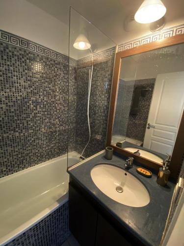 une salle de bain avec un lavabo, une douche et un miroir dans l'établissement à 10 min de la Croisette - pieds dans la mer, à Cannes
