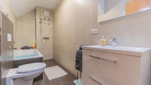 a bathroom with a toilet and a sink and a shower at Altstadtapartment, 80 qm,2 Schlafzimmer,Parkplatz,Netflix in Cottbus